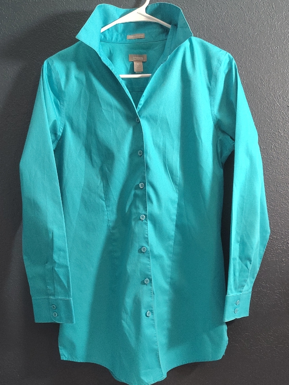 Wrinkle Resistant Crisp Classic Longline Turquoise ButtonDown Shirt By Chico's